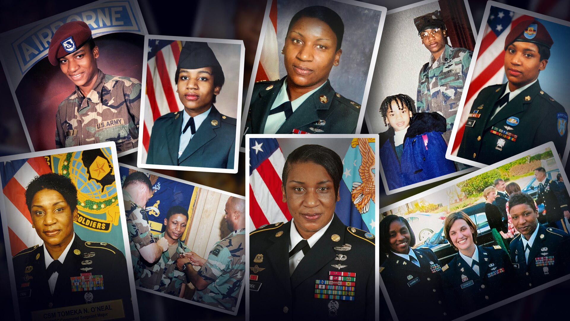 Graphic with a collage of pictures of a black woman in various Army uniforms at a variety of ages