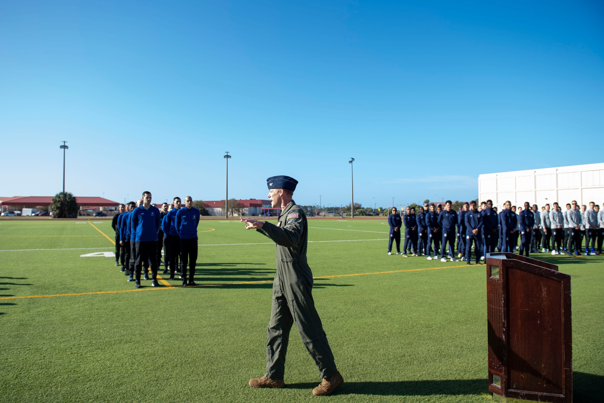 U.S. Air Force Colonel Benjamin Jonsson, 6th Air Refueling Wing commander, delivers remarks to service members participating in the Armed Forces Men’s Soccer Championship at MacDill Air Force Base, Florida, March 7, 2022.