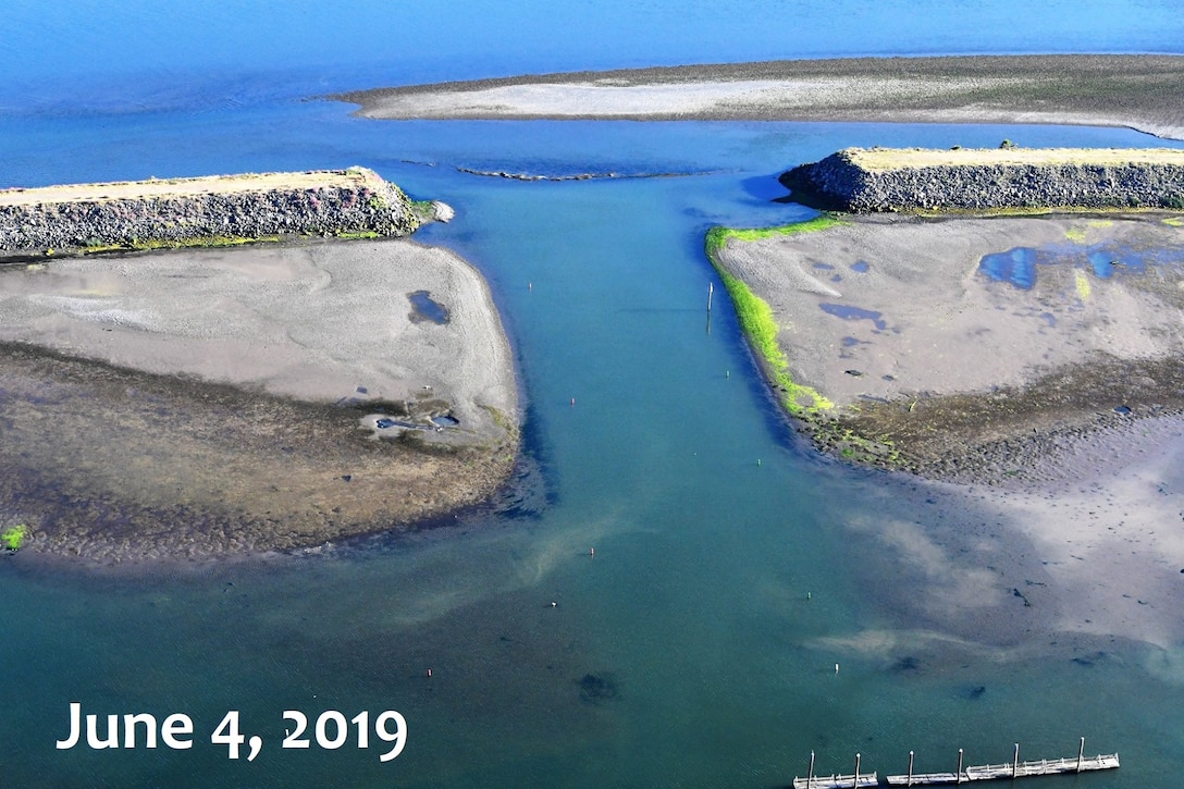 Aerial image of Marina Shoals at Gold Beach, Ore., Jun. 4, 2019. 

The U.S. Army Corps of Engineers (Corps) maintains navigation channels along the Oregon coast and dredging is an important component of keeping the Rogue River Harbor open for recreational vessels, including jet boats, fishing guides and sport fishermen.