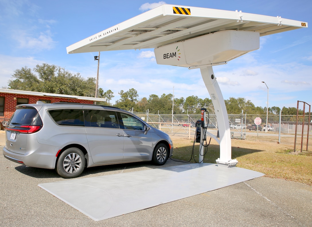 The U.S. Marine Corps placed an order last year for 21 mobile solar-powered electric vehicle charging systems. Marine Corps Logistics Base Albany was among those to benefit, receiving one unit. The Beam Global EV charging systems were purchased through the General Services Administration. 
Marine Corps Installations Command requires a turnkey charging infrastructure solution to solve near-term charging requirements without having to wait for construction and electrical projects to be completed. (U.S. Marine Corps photo by Jennifer Parks)