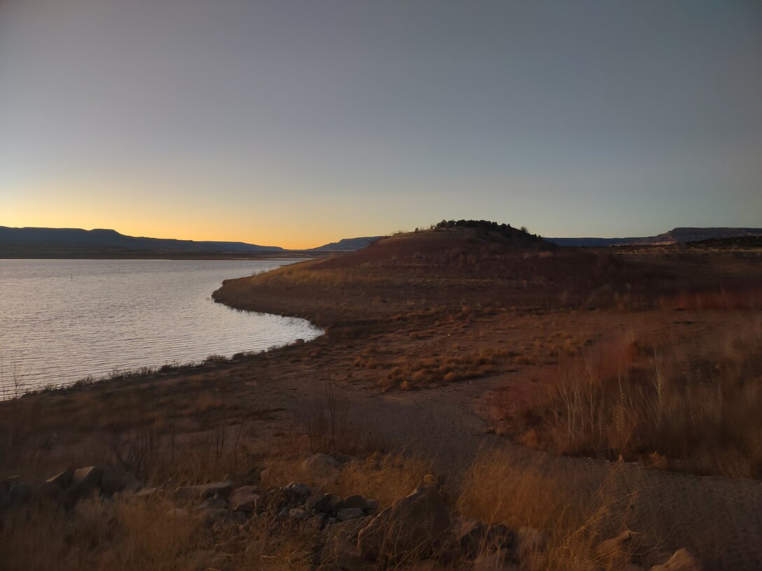 ABIQUIU LAKE, N.M. -- A portion of the shoreline along Abiquiu Lake, is seen in this photo taken Dec. 20, 2021. Photo by Michael Kohler, field office administrative assistant, Abiquiu Lake.