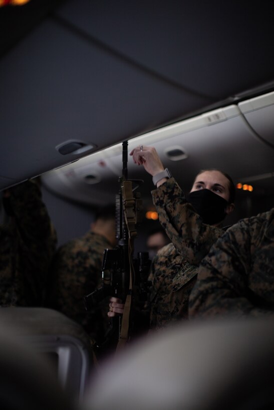 U.S. Marines with the Command Element, 5th Marine Regiment, Marine Rotational Force Darwin (MRF-D) 22 enter Royal Australian Air Force Base Darwin, NT, Australia, March 12, 2022. MRF-D 22 is a six month rotation where U.S. Marines, the Australian Defence Force, and other allied and partner nations enhance their interoperability and readiness posture in the Indo-Pacific region.