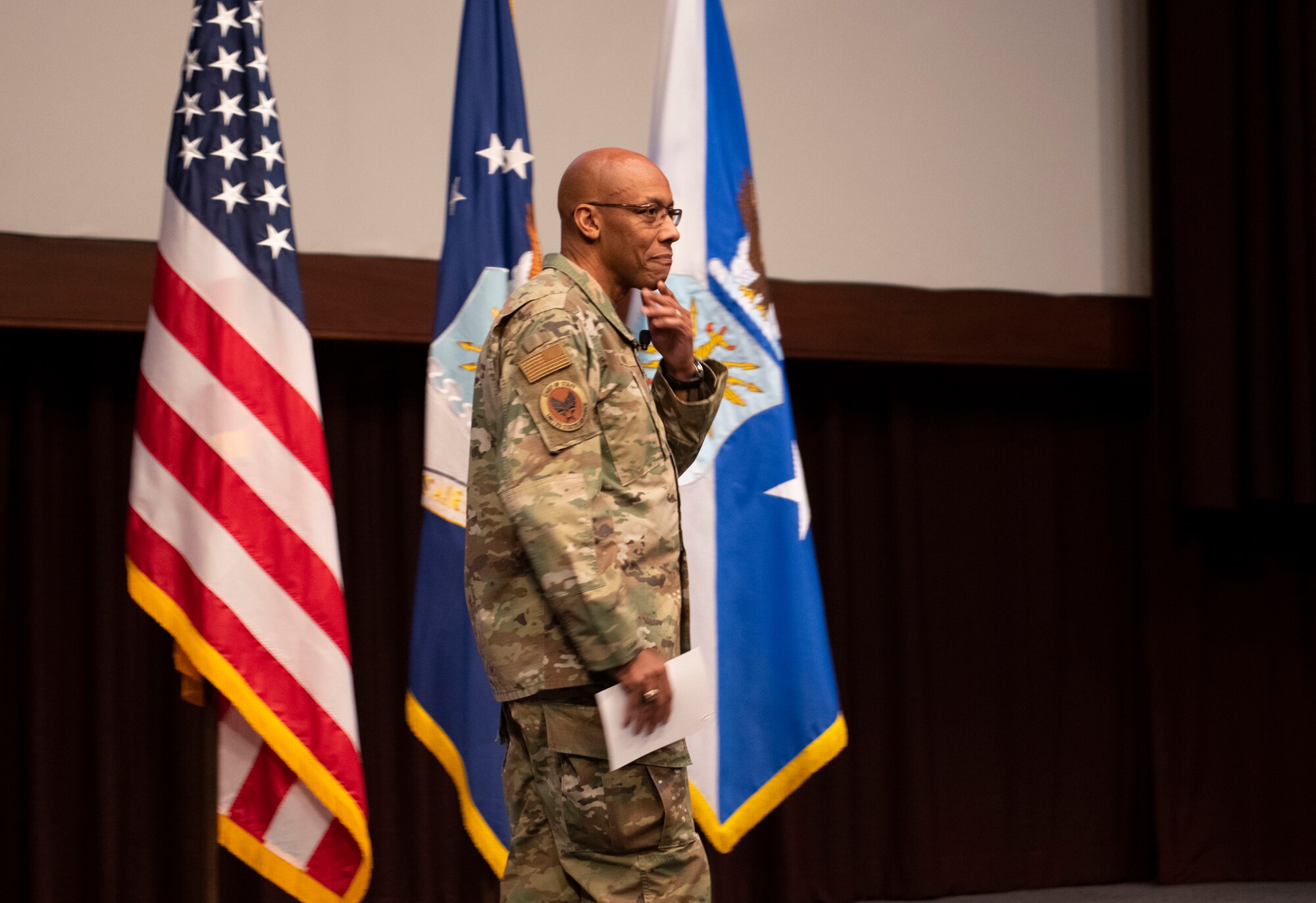 Air Force Chief of Staff Gen. CQ Brown, Jr. speaks while on stage to the students at the Air Force Senior Noncommissioned Officer Academy, March 10, 2022.