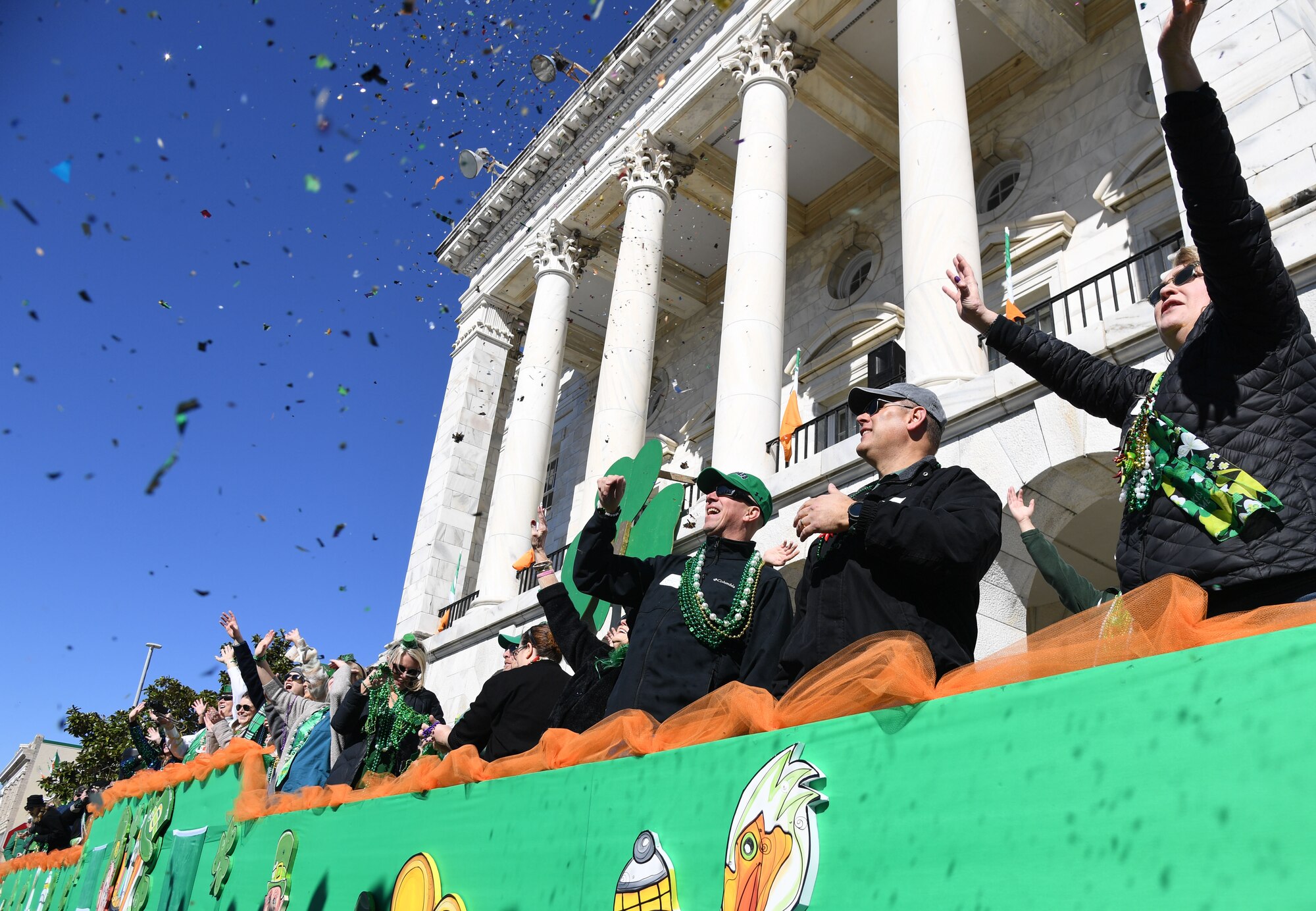 U.S. Air Force Col. William Hunter, 81st Training Wing commander, and Col. James Kafer, 81st TRW vice commander, attend the Hibernia Marching Society of Mississippi St. Patrick's Day Parade in Biloxi, Mississippi, March 12, 2022. Keesler personnel participated in the local parade to show their support of the communities surrounding the installation. (U.S. Air Force photo by Kemberly Groue)