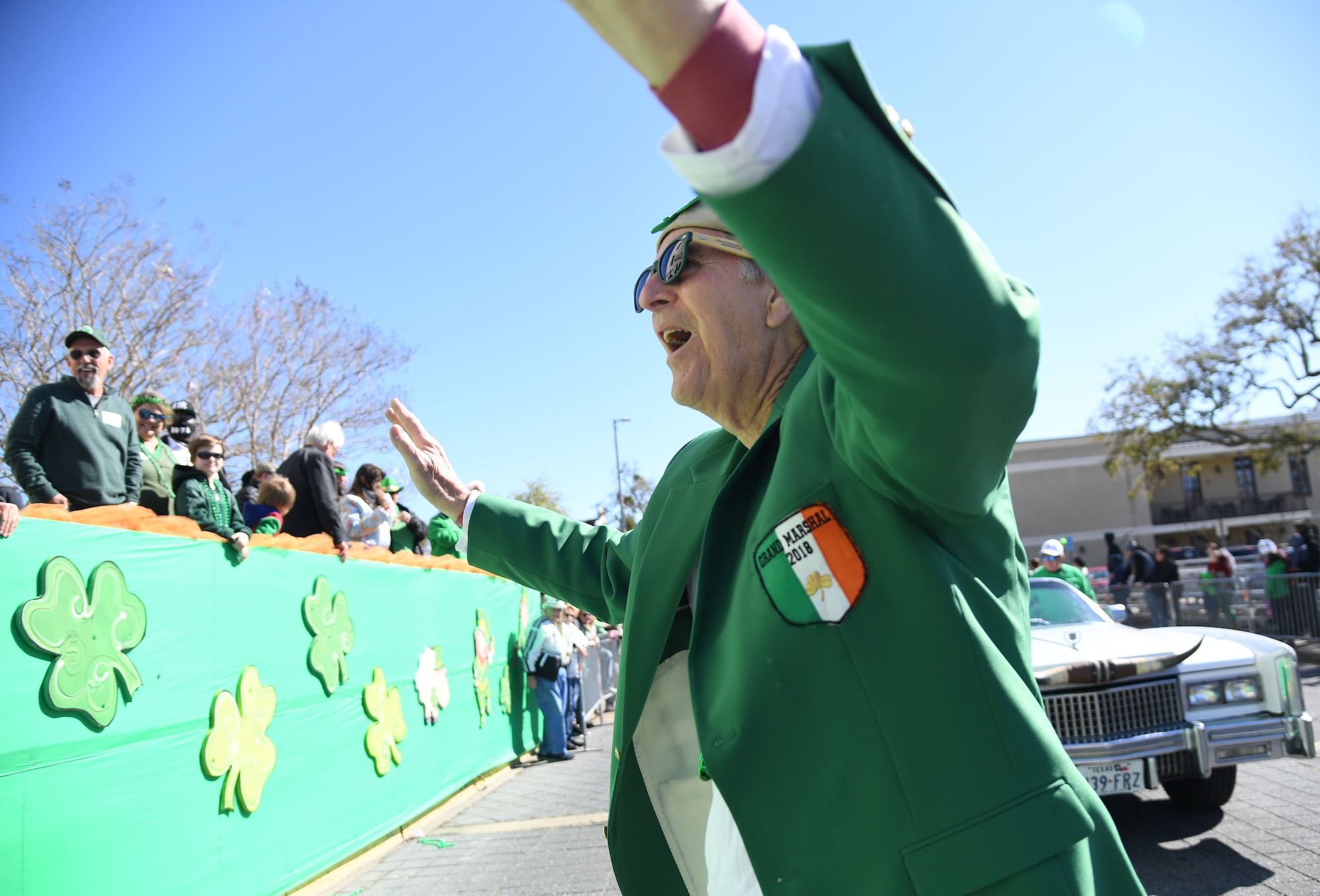 Mayor Andrew "FoFo" Gilich, Mayor of Biloxi, Mississippi, participates in the Hibernia Marching Society of Mississippi St. Patrick's Day Parade in Biloxi, Mississippi, March 12, 2022. Keesler personnel participated in the local parade to show their support of the communities surrounding the installation. (U.S. Air Force photo by Kemberly Groue)