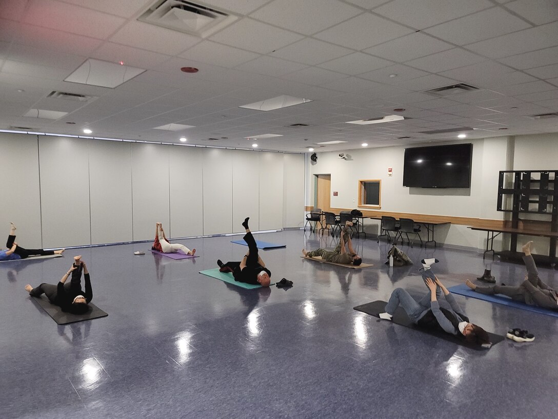 Far East District personnel participate in Free Breathing, Meditation Yoga Class, at FED headquarters, March 7. This year’s theme “Providing Healing and Promoting Hope,” pays tribute to the ceaseless work of caregivers and recognizes the thousands of ways that women of all cultures have provided both healing and hope throughout history. (U.S. Army photo by An Yo-han)