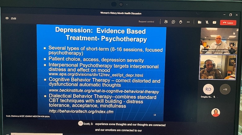 Lt. Col. Shamecca Scott, the installation director of Psychological Health, spoke on women and depression, and some treatment options to deal with life stress and trauma during the Virtual Women’s Health Discussion, March 9. (U.S. Army photo by Sameria Zavala)