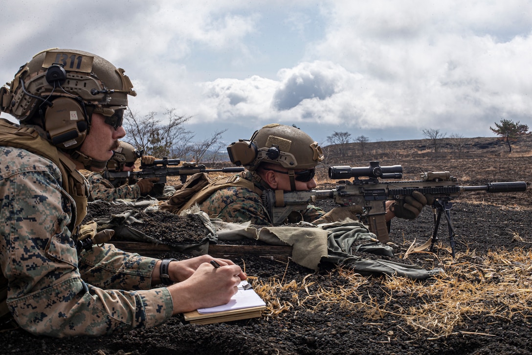 U.S. Marines with Battalion Landing Team 1/5, 31st Marine Expeditionary Unit, engage targets during an unknown distance course at Combined Arms Training Center Camp Fuji, Japan, March. 14, 2022. The course consisted of a live-fire training in which Marines found and eliminated targets at unknown distances. Maritime Defense Exercise Amphibious Rapid Deployment Brigade is a bilateral exercise meant to increase interoperability and strengthen ties between U.S. and Japanese forces for the defense of Japan. (U.S. Marine Corps photo by Lance Cpl. Manuel Alvarado)