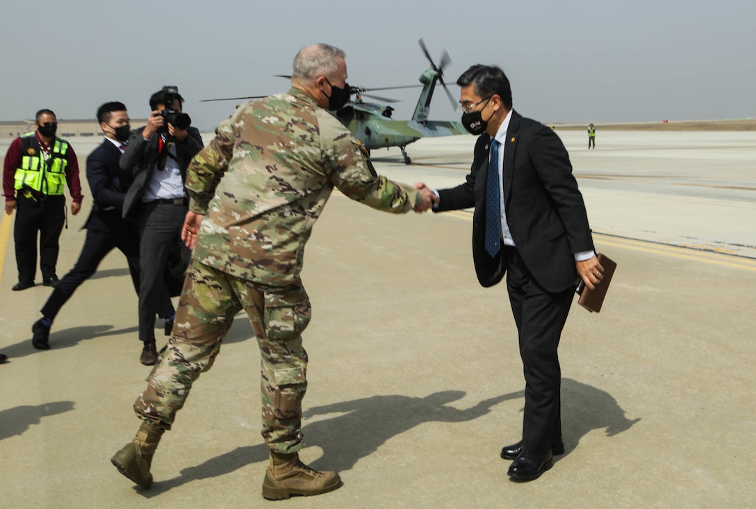 U.S. Army Gen. Paul J. LaCamera, Commander of United Nations Command, Combined Forces Command, and U.S. Forces Korea, greets Minister Suh, Wook, Republic of Korea Minister of National Defense, at Camp Humphreys, Republic of Korea, March 16, 2022.