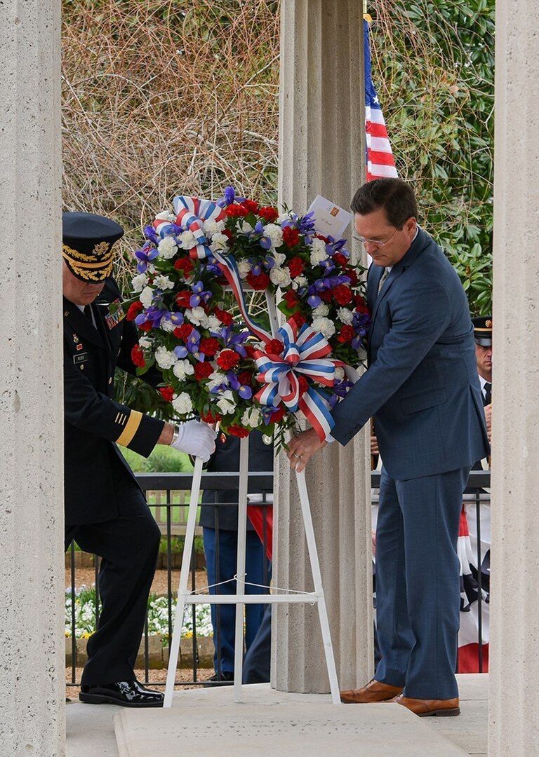Brig. Gen. Warner A. Ross II, Tennessee National Guard’s assistant adjutant general – Army, and Cameron Sexton, Tennessee House Speaker, place a wreath on President Andrew Jackson’s tomb March 15, 2022, at Jackson’s home, The Hermitage, outside Nashville. The ceremony took place on what would have been Jackson’s 255th birthday.