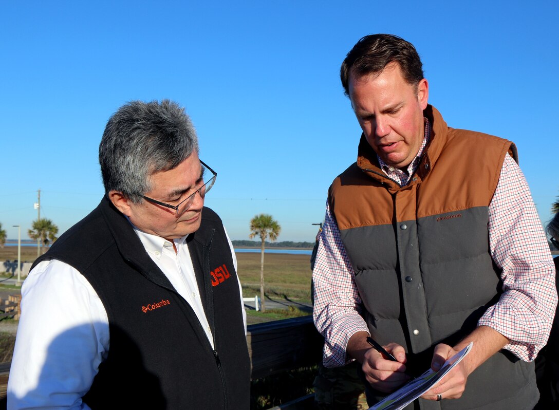 Jaime Pinkham (left), Principal Deputy Assistant Secretary of the Army for Civil Works, speaks with Wes Wilson, a project manager, during a visit to Charleston to meet with the district team and to see firsthand how some of the district’s top projects contribute to local, state and federal economic development.