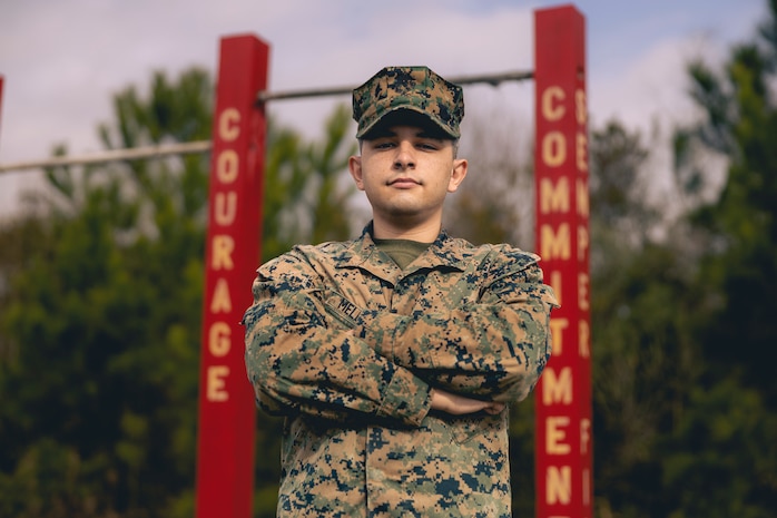 U.S. Marine Corps Lance Cpl. Antonio Melendez, an administration specialist with Headquarters and Headquarters Squadron, Marine Corps Air Station (MCAS) New River, poses for a photo on MCAS New River in Jacksonville, North Carolina, Feb. 23, 2022.