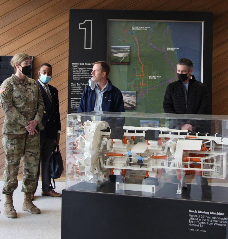 Col. Kimberly Peeples, commander of the Great Lakes & Ohio River Division, is given a tour of the Metropolitan Water Reclamation District of Greater Chicago’s mainstream pumping station that included interactive displays, March 9, 2022.