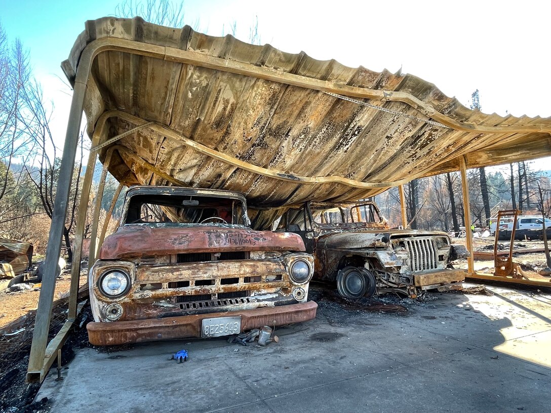 GREENVILLE, Calif. -- While deployed to California on a debris mission for the Dixie Fire, Karyn Matthews came across many devastated properties, including the remains of these two vehicles, Nov. 29, 2021. Photo by Karyn Matthews, park ranger, Cochiti Lake.