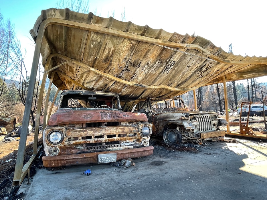 GREENVILLE, Calif. -- While deployed to California on a debris mission for the Dixie Fire, Karyn Matthews came across many devastated properties, including the remains of these two vehicles, Nov. 29, 2021. Photo by Karyn Matthews.