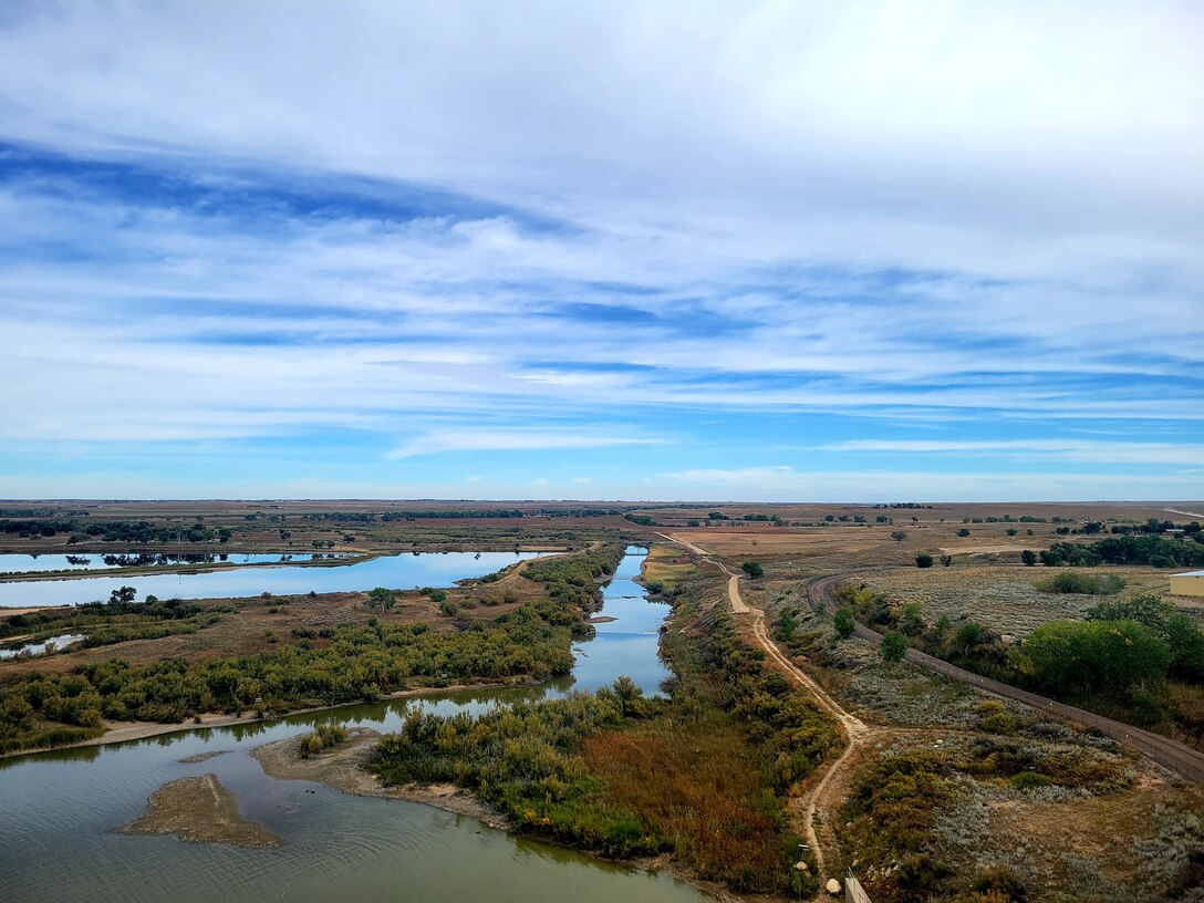 JOHN MARTIN RESERVOIR, Colo. -- The Arkansas River is seen from atop John Martin Dam looking east, Oct. 8, 2021. Photo by Holly Garnett, park ranger, John Martin Reservoir.