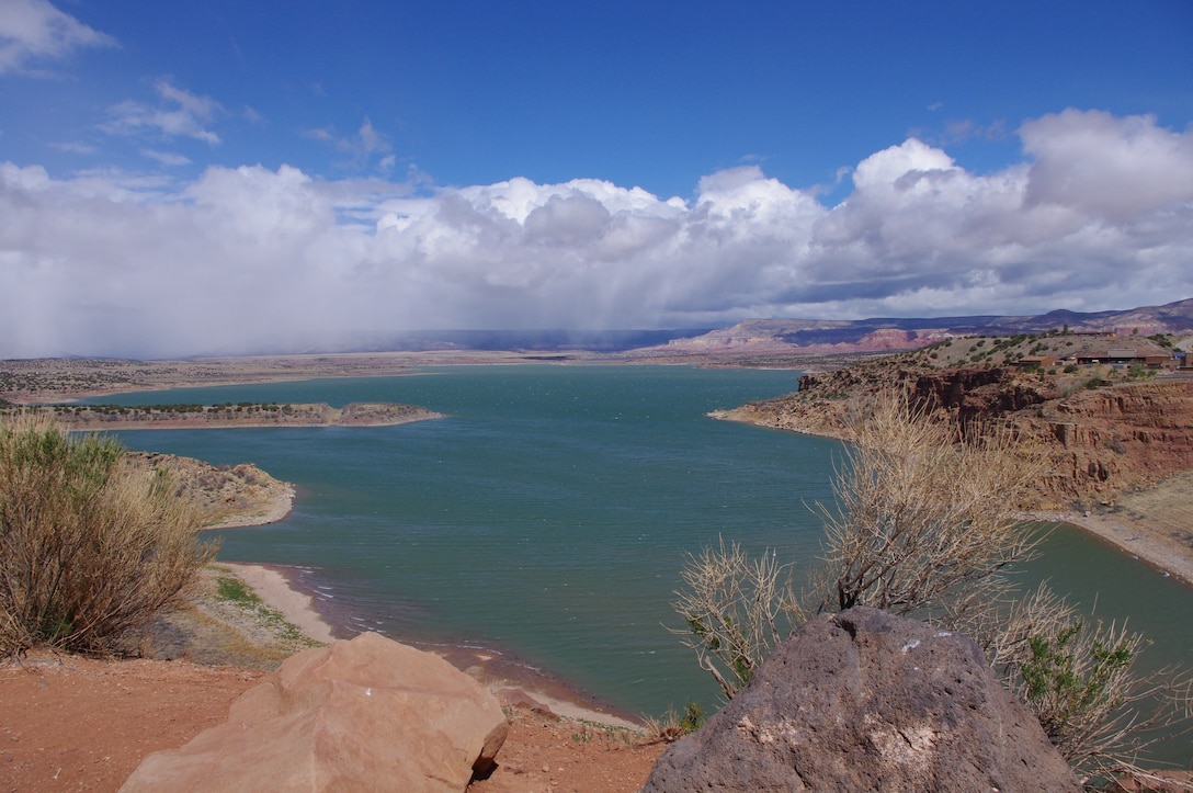 ABIQUIU LAKE, N.M. -- Storm clouds roll in over Abiquiu Lake, January 2022, leaving a light dusting of snow behind. Photo by Kenneth Mueller, senior program analyst, Civil Project Management Branch.