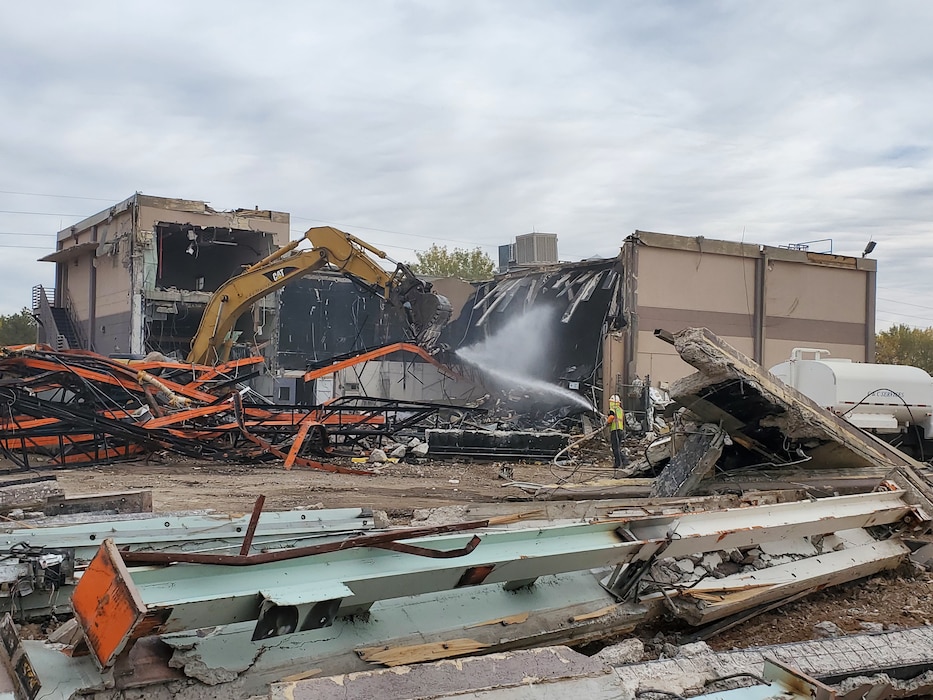 KIRTLAND AIR FORCE BASE, N.M. -- The demolition of the old Nuclear Museum, Nov. 29, 2021. The museum was demolished to make room for the new DTRA administration building. Photo by Richard Banker.