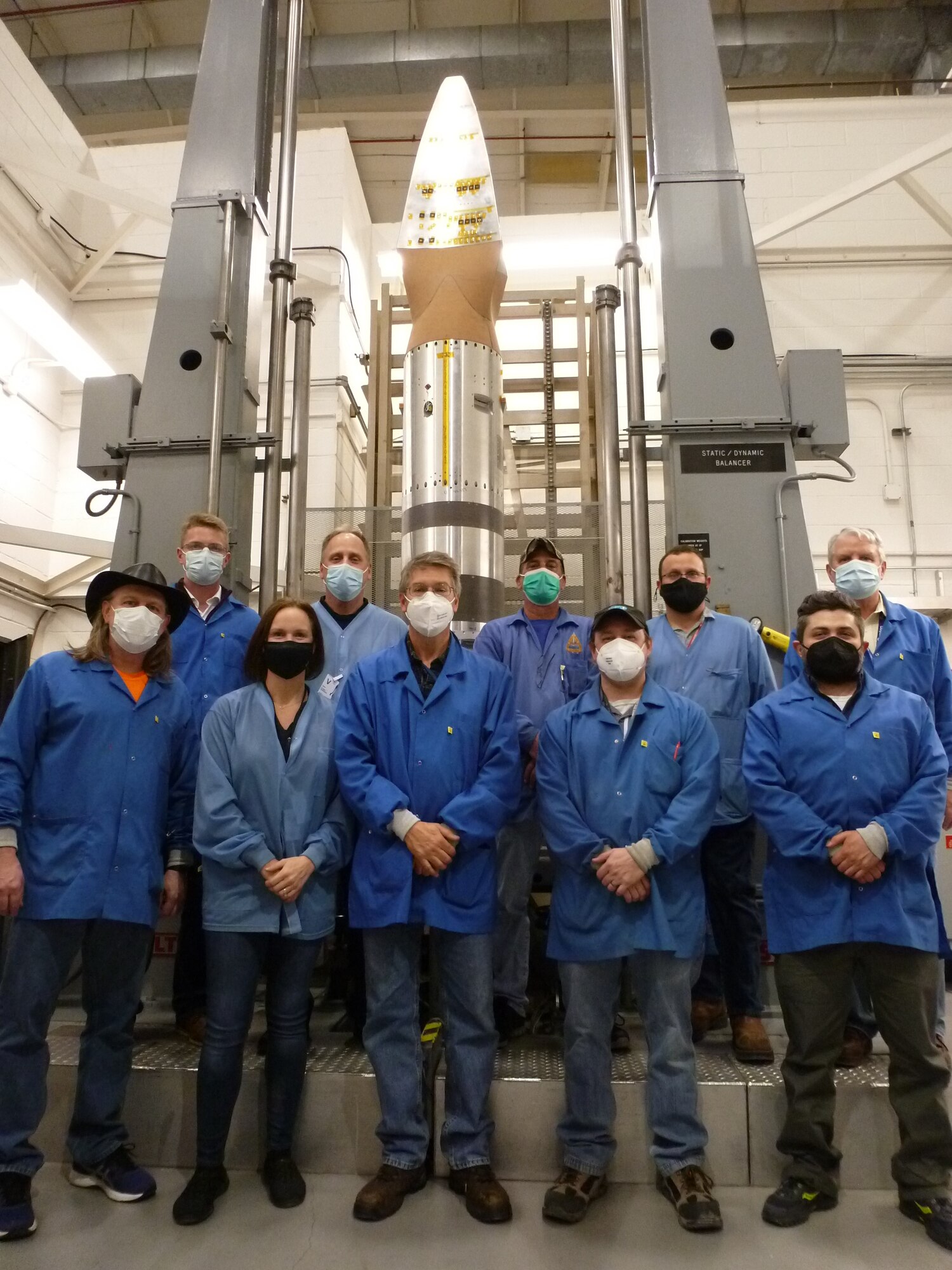 Part of the BOLT II team: (Back row left to right) John Wirth (Texas A&M student), Rodney Bowersox (BOLT II PI and Texas A&M professor), John Peterson (NASA WFF Mechanical Technician), Robert Davidson (NASA WFF Electrical Technician), Ted Gass (NASA Wallops Flight Facility and BOLT II Mission Manager). (Front row left to right) John Gsell (NASA WFF Electrical Engineer), Sarah Popkin (AFOSR PO), Dave Adamczak (Aerospace Systems Directorate), Nate Wroblewski (NASA WFF Environmental Lab Engineer), Jim Tancred (Aerospace Systems Directorate) (Courtesy Photo)