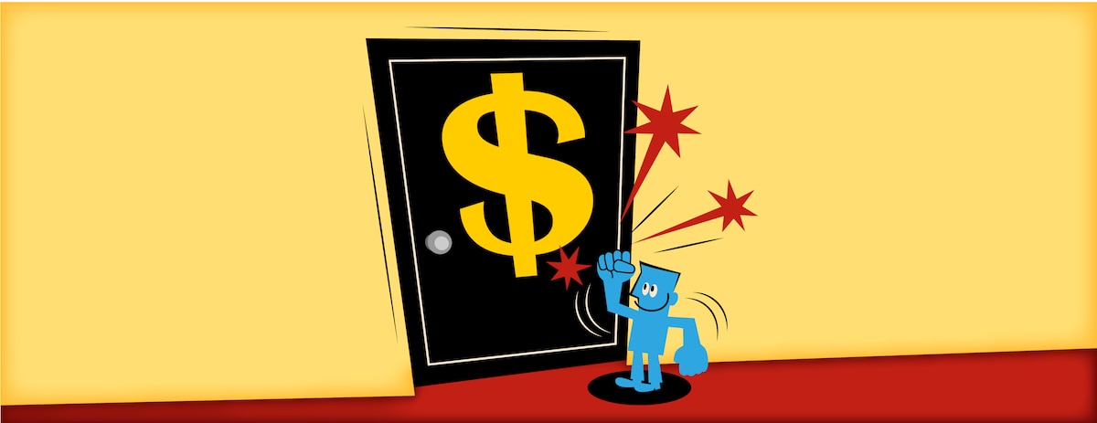 Modified Illustration of a cartoon contractor character represented by a little blue guy knocking at door with a dollar currency sign © iStock.com/alashi