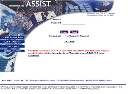 Screenshot of ASSIST application homepage