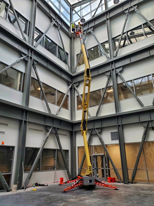 ALBUQUERQUE, N.M. -- Construction workers work on the atrium in the NNSA complex, Jan. 15, 2022. Photo by Richard Banker.