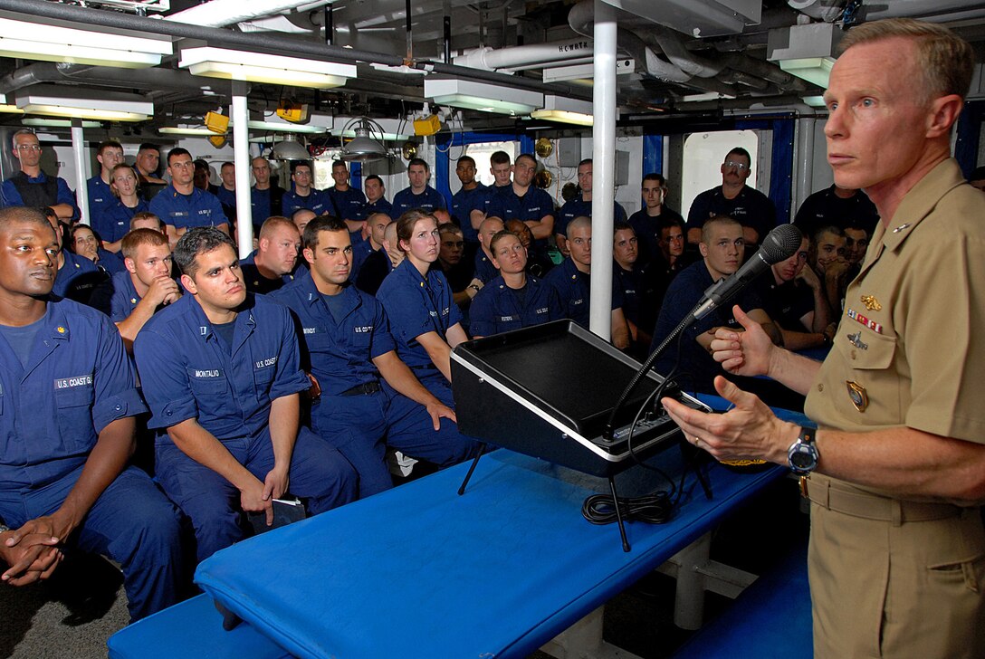 Rear Adm. Joe Leidig, deputy commander, U.S. Sixth Fleet, addresses the crew of the U.S. Coast Guard Cutter Dallas about their mission to transport humanitarian relief supplies to the Republic of Georgia following the conflict between Russian and Georgian forces.