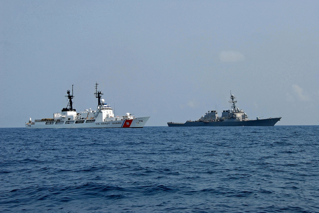 U.S. Coast Guard Cutter Dallas and the guided-missile destroyer USS McFaul transit through the Black Sea