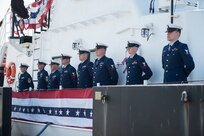 The crew of Coast Guard Cutter Cushing stands at parade rest during the ship’s decommissioning ceremony in Atlantic Beach, North Carolina, March 8, 2017. The Cushing was built primarily as a platform for law enforcement, but conducted missions including maritime homeland security, migrant interdiction, fisheries enforcement and search and rescue. (U.S. Coast Guard photo by Petty Officer 3rd Class Jasmine Mieszala)