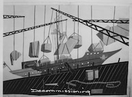 B&W photo-scan of a photo in Joseph Jenkins scrapbook of his service with the USCG in World War II.  This is a photo of a painting by Combat Artist Jacob Lawrence entitled "Decommissioning" of USS SEA CLOUD, which both served aboard during the war