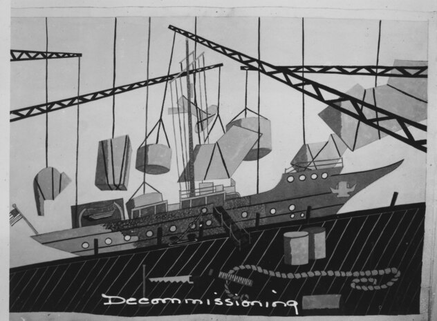 B&W photo-scan of a photo in Joseph Jenkins scrapbook of his service with the USCG in World War II.  This is a photo of a painting by Combat Artist Jacob Lawrence entitled "Decommissioning" of USS SEA CLOUD, which both served aboard during the war