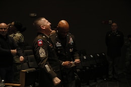 Command Sgt. Maj. Michael J. Perry III (left), senior enlisted advisor, 1st Theater Sustainment Command, shares a laugh with Maj. Gen. Michel M. Russell Sr. (right), commanding general, 1st Theater Sustainment Command, during a relinquishment of responsibility ceremony at Fort Knox, Kentucky, March 15, 2022. Perry will assume the position as the senior enlisted advisor to the Army’s Deputy Chief of Staff for Installations, also titled, Deputy Chief of Staff, G-9. (U.S. Army photo by Sgt. Jimmie Baker)