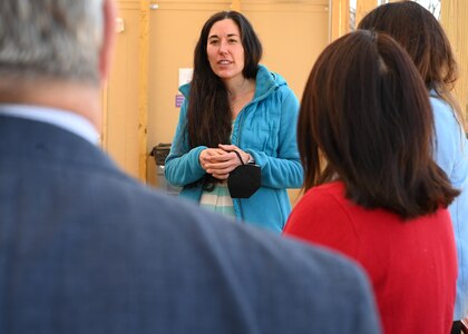 Andrea Groeninger, LEARN DC principal, speaks during an engagement with Cherise Imai, executive director of the Military Interstate Children's Compact Commission; and Commissioner Clara Botstein, director of legislation and government relations at the D.C. office of the deputy mayor for education, at the charter school's campus on Joint Base Anacostia-Bolling, Washington, D.C. on March 15, 2022. Botstein and Imai toured JBAB, Washington, D.C. and met members of the 11th Force Support Squadron and the LEARN DC team in order to gain a deeper understanding of the concerted interagency effort that made the school possible, as well as to learn about the diverse mission partners that operate on the installation. (U.S. Air Force photo by Staff Sgt. Kayla White)