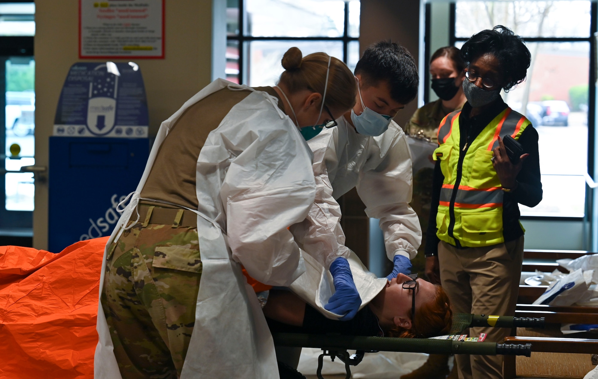 Medics from the 14th Medical Group at Columbus Air Force Base, Miss., care for a patient on March 11, 2022. The Ready Eagle Exercise was an accumulation of training from March 5-11. (U.S. Air Force photo by Airman 1st Class Jessica Haynie)