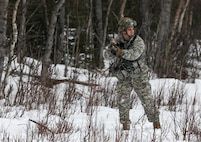 Alaska Army National Guard Sgt. Brendan White with Avalanche Company, 1-297th Infantry Battalion, participates in squad and platoon situational training exercises (STX) at Alcantra armory in Wasilla, Alaska, March 11, 2022. An STX is a short, scenario-driven, mission-oriented exercise designed to train one collective task or a group of related tasks or battle drills. For the A-Co. Soldiers, the STX allows for evaluation of basic Soldier skills and leadership competencies to determine proficiency and certify the platoon to conduct live-fire exercises. It also reinforces previous training that the Soldiers have completed by bringing the entire platoon together to further prepare the unit for live-fire training. The infantrymen are preparing to participate in the Army National Guard’s eXportable Combat Training Capability (XCTC) program, which is a brigade field training exercise similar to a Combat Training Center. They will participate in an XCTC rotation at Camp Roberts, California, July 2022. (U.S. Army National Guard photo by Spc. Grace Nechanicky)