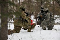 Alaska Army National Guard Soldiers with Avalanche Company, 1-297th Infantry Battalion, practice squad and platoon situational training exercises (STX) at Alcantra armory in Wasilla, Alaska, March 11, 2022. An STX is a short, scenario-driven, mission-oriented exercise designed to train one collective task or a group of related tasks or battle drills. For the A-Co. Soldiers, the STX allows for evaluation of basic Soldier skills and leadership competencies to determine proficiency and certify the platoon to conduct live-fire exercises. It also reinforces previous training that the Soldiers have completed by bringing the entire platoon together to further prepare the unit for live-fire training. The infantrymen are preparing to participate in the Army National Guard’s eXportable Combat Training Capability (XCTC) program, which is a brigade field training exercise similar to a Combat Training Center. They will participate in an XCTC rotation at Camp Roberts, California, July 2022. (U.S. Army National Guard photo by Spc. Grace Nechanicky)