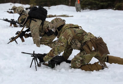 Alaska Army National Guard Soldiers with Avalanche Company, 1-297th Infantry Battalion, practice squad and platoon situational training exercises (STX) at Alcantra armory in Wasilla, Alaska, March 11, 2022. An STX is a short, scenario-driven, mission-oriented exercise designed to train one collective task or a group of related tasks or battle drills. For the A-Co. Soldiers, the STX allows for evaluation of basic Soldier skills and leadership competencies to determine proficiency and certify the platoon to conduct live-fire exercises. It also reinforces previous training that the Soldiers have completed by bringing the entire platoon together to further prepare the unit for live-fire training. The infantrymen are preparing to participate in the Army National Guard’s eXportable Combat Training Capability (XCTC) program, which is a brigade field training exercise similar to a Combat Training Center. They will participate in an XCTC rotation at Camp Roberts, California, July 2022. (U.S. Army National Guard photo by Spc. Grace Nechanicky)