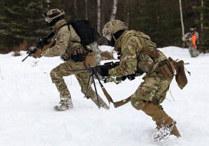 Alaska Army National Guard Soldiers with Avalanche Company, 1-297th Infantry Battalion, practice squad and platoon situational training exercises (STX) at Alcantra armory in Wasilla, Alaska, March 11, 2022. An STX is a short, scenario-driven, mission-oriented exercise designed to train one collective task or a group of related tasks or battle drills. For the A-Co. Soldiers, the STX allows for evaluation of basic Soldier skills and leadership competencies to determine proficiency and certify the platoon to conduct live-fire exercises. It also reinforces previous training that the Soldiers have completed by bringing the entire platoon together to further prepare the unit for live-fire training. The infantrymen are preparing to participate in the Army National Guard’s eXportable Combat Training Capability (XCTC) program, which is a brigade field training exercise similar to a Combat Training Center. They will participate in an XCTC rotation at Camp Roberts, California, July 2022. (U.S. Army National Guard photo by Spc. Grace Nechanicky)