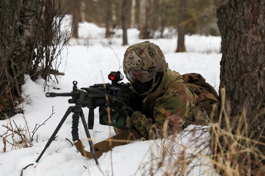 Alaska Army National Guard Soldiers with Avalanche Company, 1-297th Infantry Battalion, practice squad and platoon situational training exercises (STX) at Alcantra armory in Wasilla, Alaska, March 11, 2022. An STX is a short, scenario-driven, mission-oriented exercise designed to train one collective task or a group of related tasks or battle drills. For the A-Co. Soldiers, the STX allows for evaluation of basic Soldier skills and leadership competencies to determine proficiency and certify the platoon to conduct live-fire exercises. It also reinforces previous training that the Soldiers have completed by bringing the entire platoon together to further prepare the unit for live-fire training. The infantrymen are preparing to participate in the Army National Guard’s eXportable Combat Training Capability (XCTC) program, which is a brigade field training exercise similar to a Combat Training Center. They will participate in an XCTC rotation at Camp Roberts, California, July 2022. (U.S. Army National Guard photo by Spc. Grace Nechanicky)