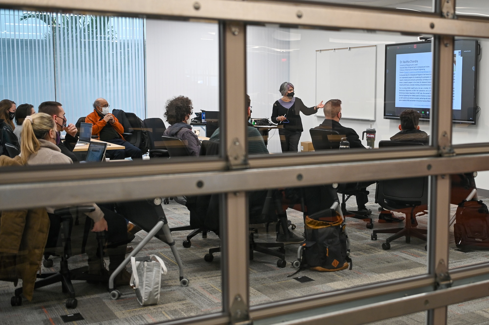 Engineers from Hanscom Air Force Base, Mass., and professors from the University of Massachusetts Lowell gather for a digital engineering course.