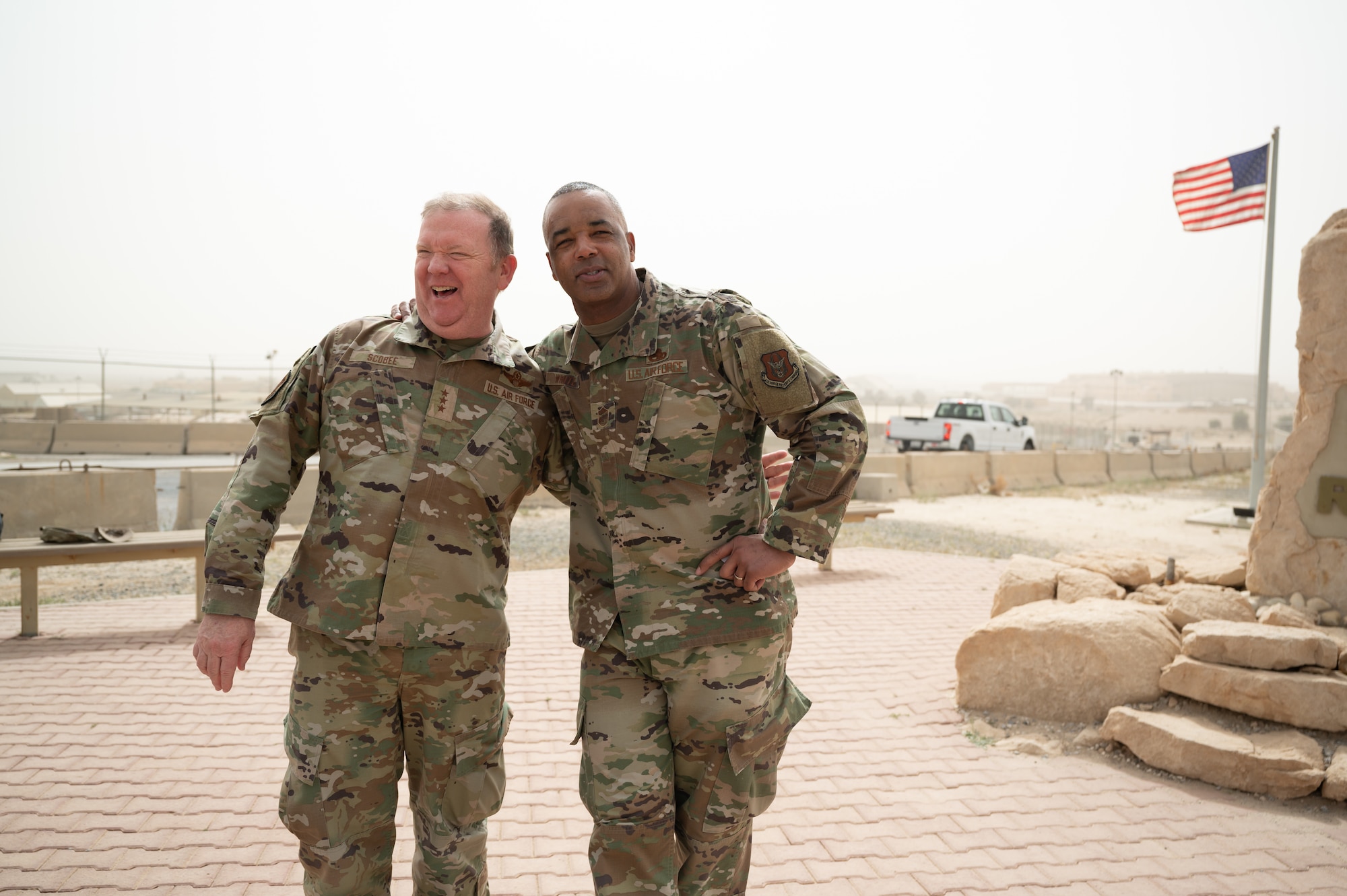 U.S. Air Force Lt. Gen. Richard W. Scobee, chief of the Air Force Reserve and commander of the Air Force Reserve Command, and Chief Master Sgt. Timothy C. White Jr., senior enlisted advisor to the Chief of the Air Force Reserve and command chief of the Air Force Reserve Command, visited Ali Al Salem Air Base, March 11-12, 2022.  The purpose of their visit was to speak with deployed Reserve Citizen Airmen, recognize their efforts and get firsthand feedback to help the AFR train and equip combat-ready Airmen.