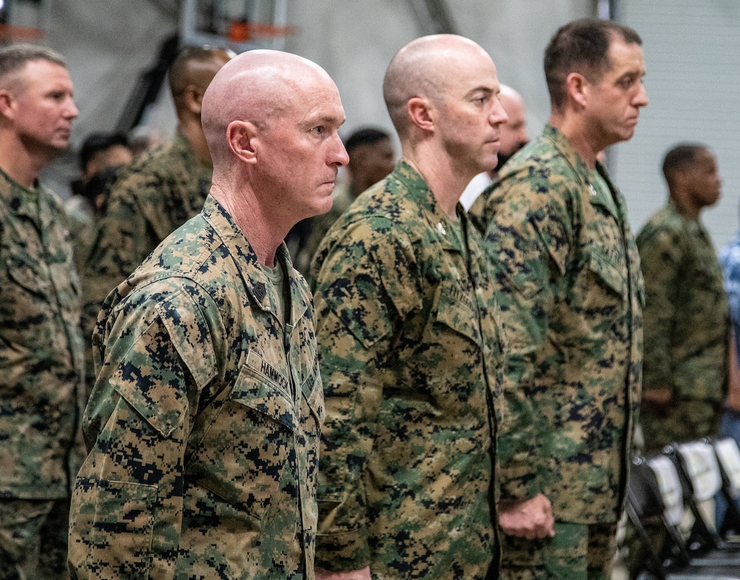 Colonel Michael J. Fitzgerald and Sergeant Major Jason B. Hammock attend Blount Island Command's Post and Relief ceremony in order to post the incoming Senior Enlisted Advisor, Sgt. Maj. Julian M. Lumm and relieve outgoing Senior Enlisted Advisor, 1st Sgt. Ian S. Gragg Friday, March 4, at Marine Corps Support Facility Blount Island, Fla.