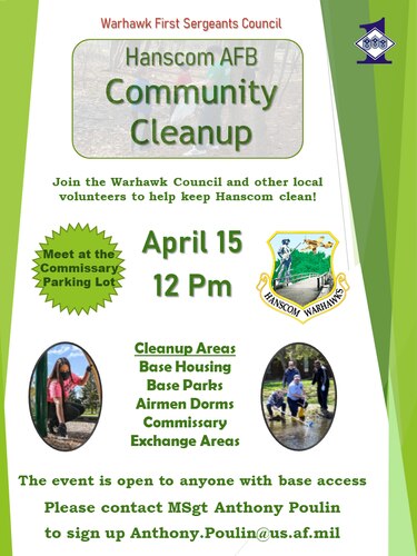 Base clean up, trash pick up, base logo, green and white graphic.