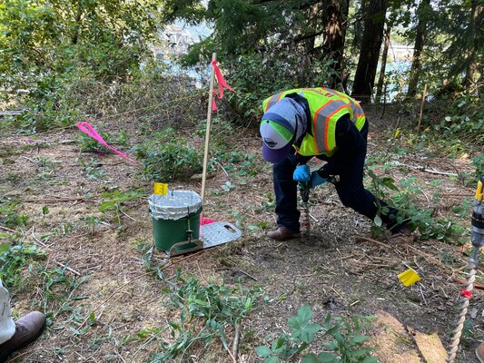 A technician with Portland District drills deep into a dirt to collect soil samples last year on Bradford Island as part of the Corps' data collection to inform a revised feasibility study.