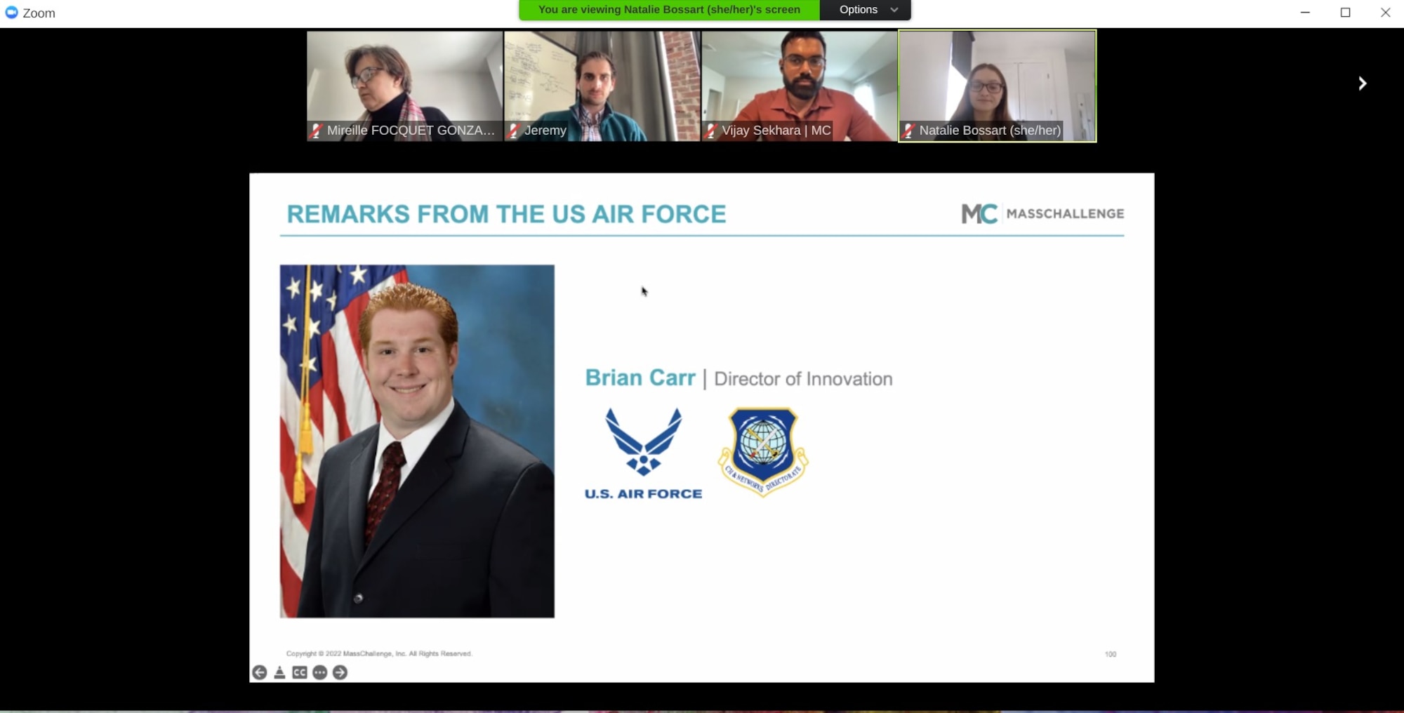 The U.S. Air Force Lab with MassChallenge participants gather on Zoom for a virtual demo event March 16.