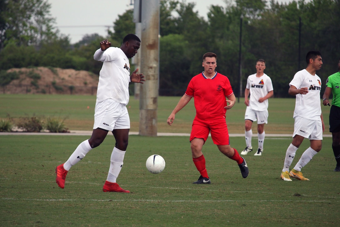 Army Sgt. Ermito Arana of Fort Hood, Texas scored the lone goal of the match, giving Army the victory over the Marines in the consolation match of the 2022 Armed Forces Men’s Soccer Championship hosted by MacDill Air Force Base in Tampa, Florida from March 6-12.  The best players from the Army, Marine Corps, Navy and Air Force (with Space Force players) compete for gold.  (Photo by Ms. Arianna Dinote, Department of Defense Photo - Released)