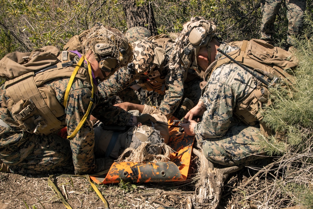 U.S. Marines and a U.S. Navy Sailor with Weapons Company, 2d Battalion, 5th Marines (2/5), 1st Marine Division, secure a simulated casualty to a Sked Basic Rescue System while conducting a recovery mission during a Tactical Recovery of Aircraft and Personnel (TRAP) Course at Marine Corps Base Camp Pendleton, California, March 2, 2022. The Marines of 2/5 participated in the TRAP Course to gain competency in expeditious search and rescue operations. (U.S. Marine Corps photo by Sgt. Destiny Dempsey)