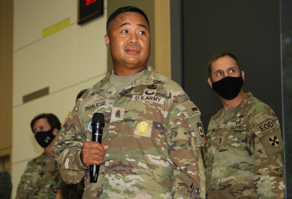 Command Sgt. Maj. Walter Tagalicud, U.S. Forces Korea Senior Enlisted Advisor, addresses a group of newly promoted Republic of Korea Army staff sergeants.