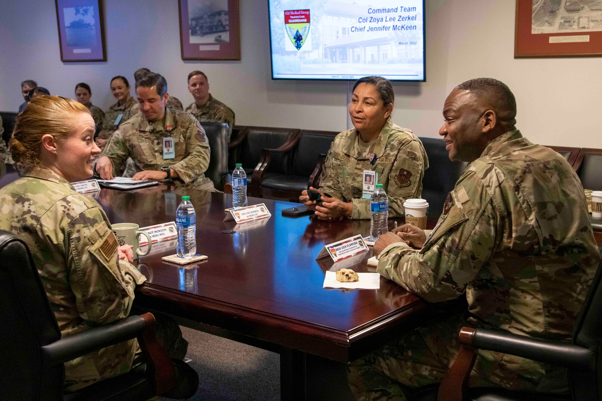 Brigadier General Alfred K. Flowers, JR. Director, Manpower, Personnel and Resources, and Chief of the Medical Service Corps attends the 42d Medical Group Mission Brief Building 760 at Maxwell Air Force Base, Alabama on 16 Mar 2022.