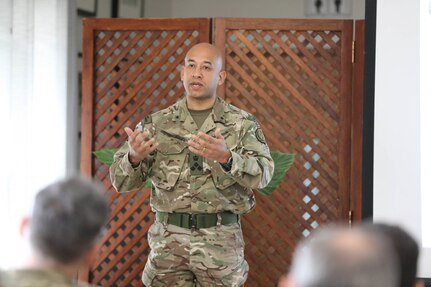 British Brig. Gen. Karl Harris, the deputy commanding general of Combined Joint Task Force – Operation Inherent Resolve (CJTF-OIR), gives opening remarks during the defense attaché forum in Baghdad, Iraq, March 17, 2022. The defense attaché forum serves as an opportunity to build relationships among Global Coalition members, and as a gateway to discuss topics pertaining to the enduring defeat of Da’esh including CJTF-OIR’s progress and areas of needed improvement. (U.S. Army photo by Staff Sgt. Bree-Ann Ramos-Clifton)